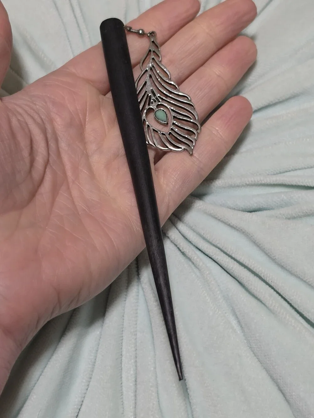 Peacock Feather Hair Stick with Turquoise Accent - Black
